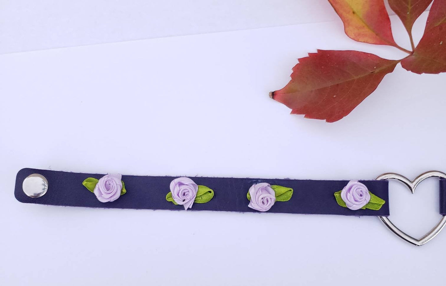 Purple Heart and Roses Choker, Adjustable Leather Heart Collar | Vixen's Hidden Desires