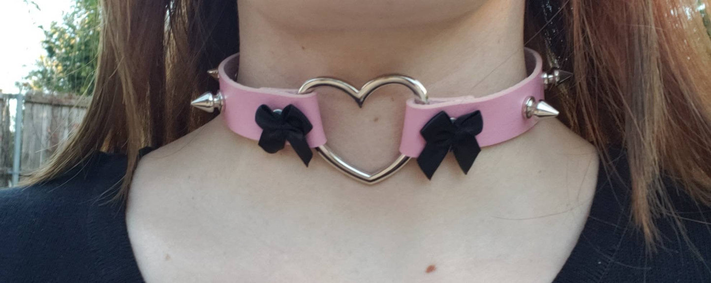 Pink Punk Heart Choker, Spiked Leather Heart Collar | Vixen's Hidden Desires