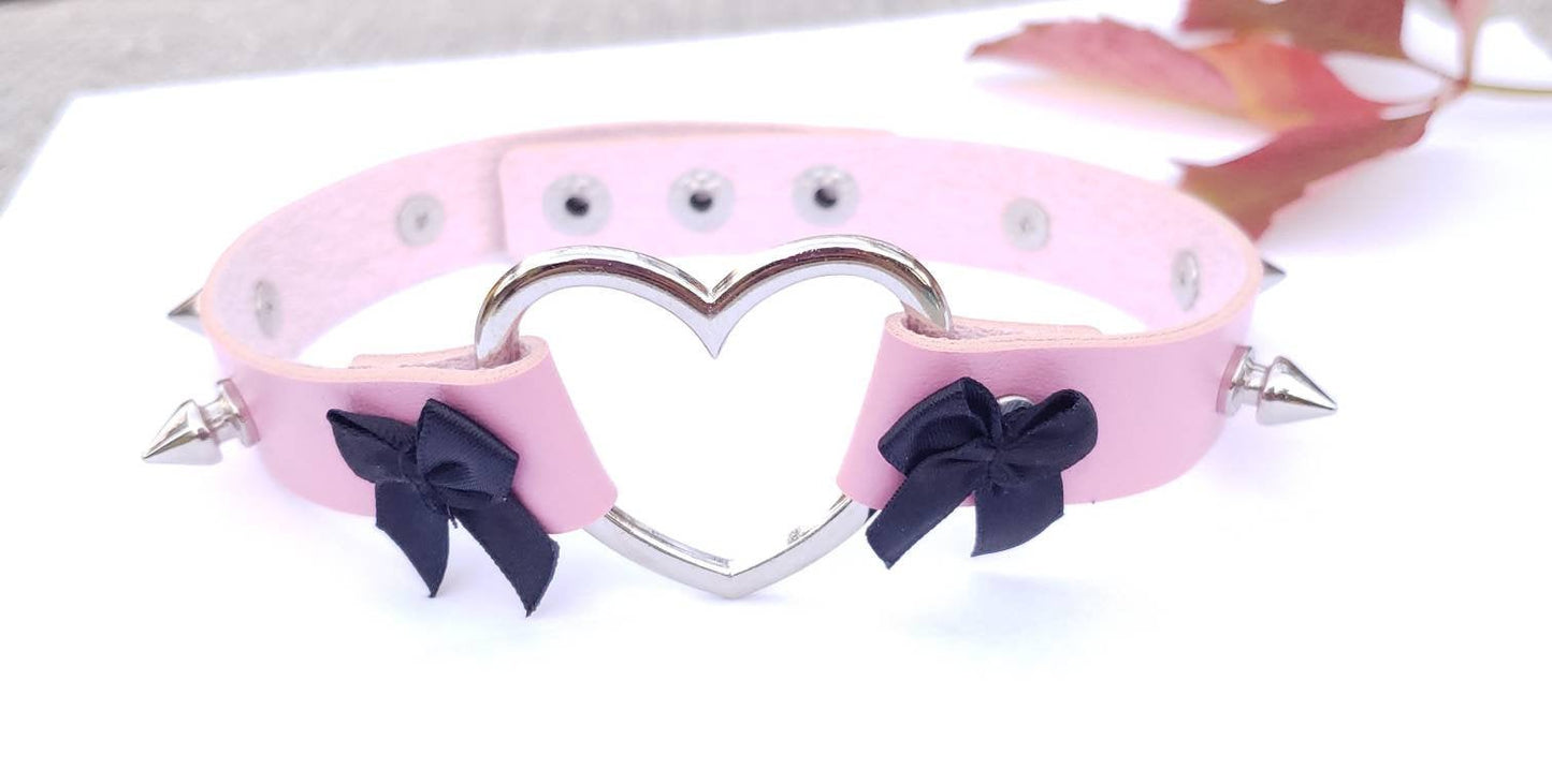 Pink Punk Heart Choker, Spiked Leather Heart Collar | Vixen's Hidden Desires