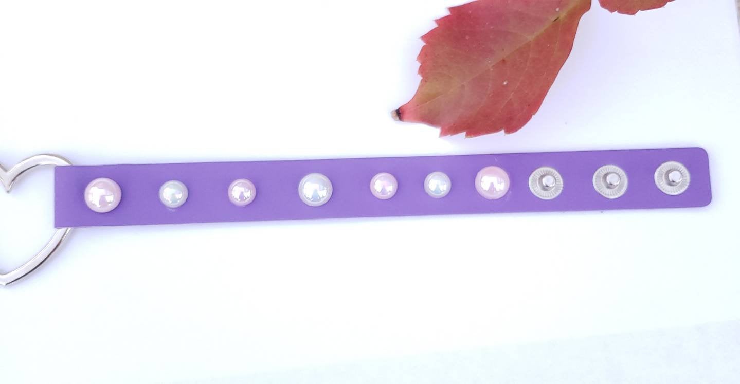Purple Pet Play Heart and Pearls Choker, Adjustable Luxury Leather Heart Collar | Vixen's Hidden Desires