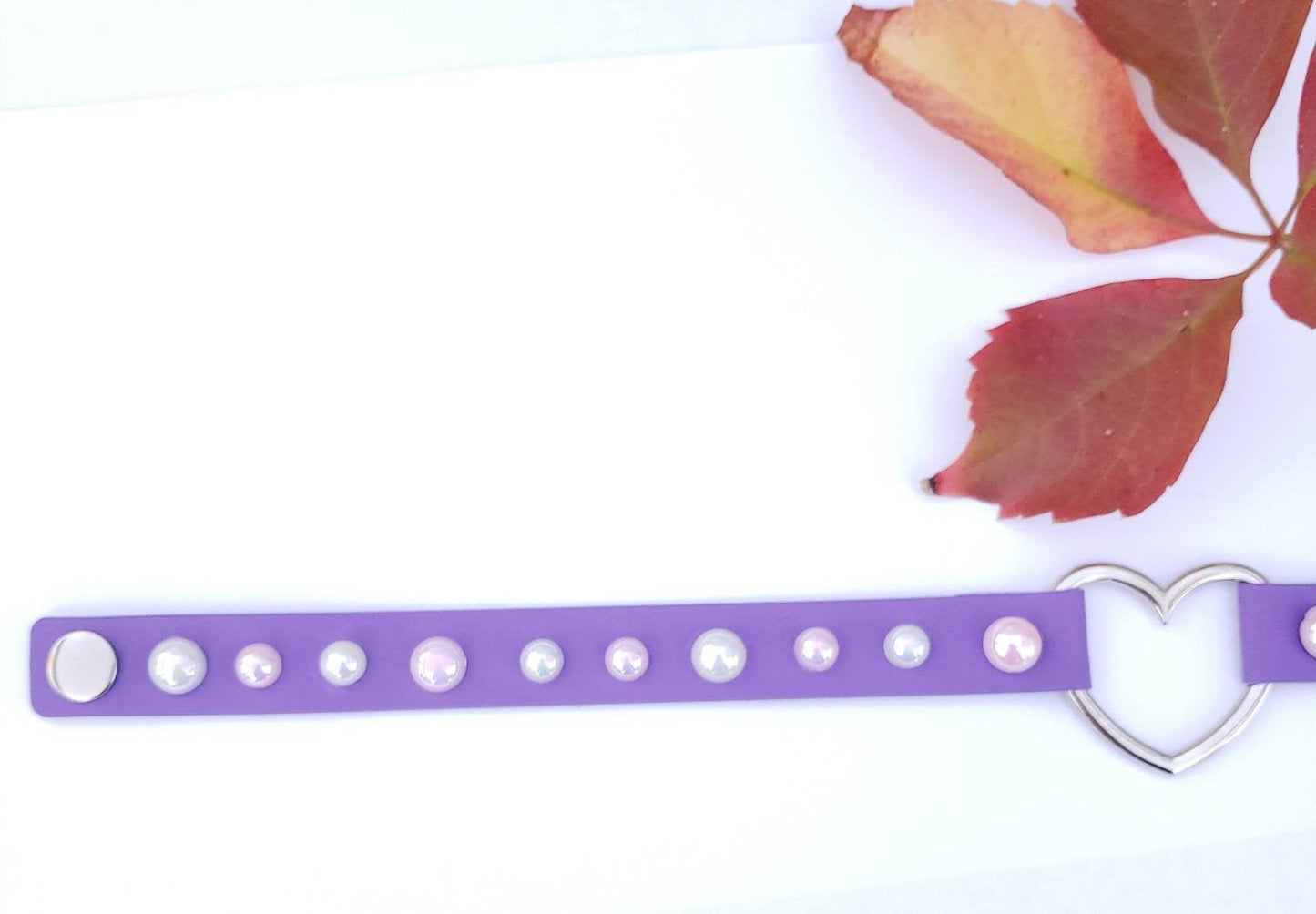 Purple Pet Play Heart and Pearls Choker, Adjustable Luxury Leather Heart Collar | Vixen's Hidden Desires
