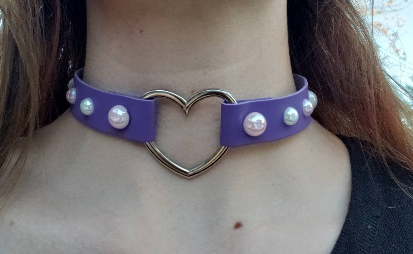 Purple Pet Play Heart and Pearls Choker, Adjustable Luxury Leather Heart Collar | Vixen's Hidden Desires