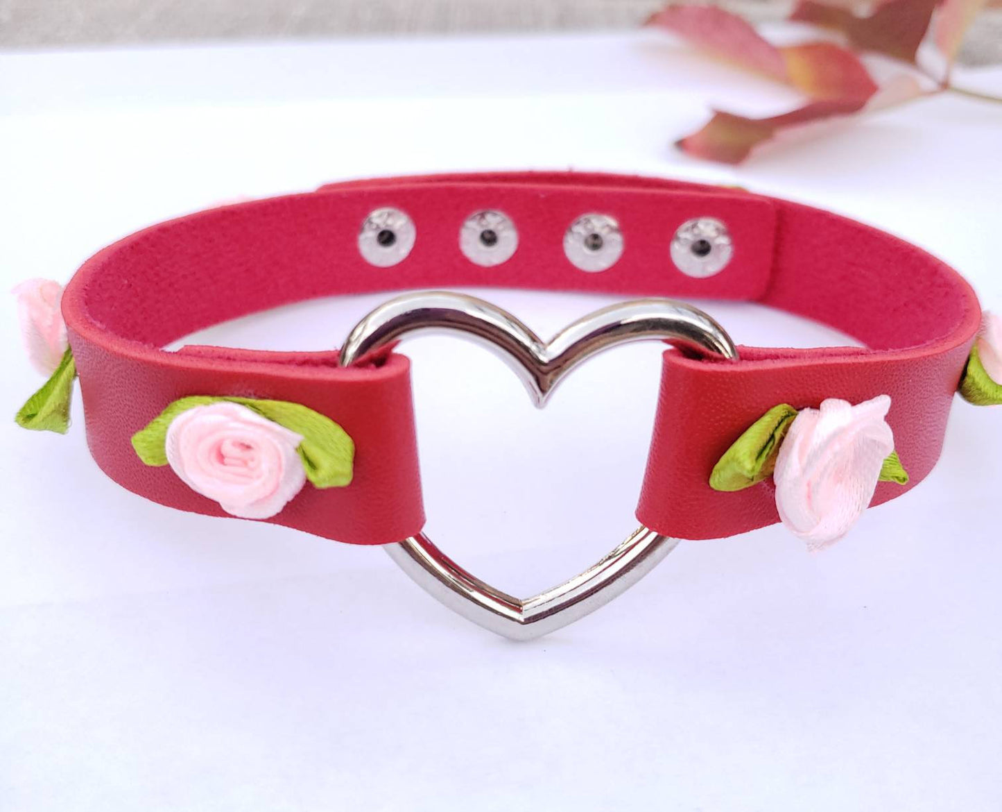 Red Heart and Roses Choker, Adjustable Faux Leather Heart Collar | Vixen's Hidden Desires