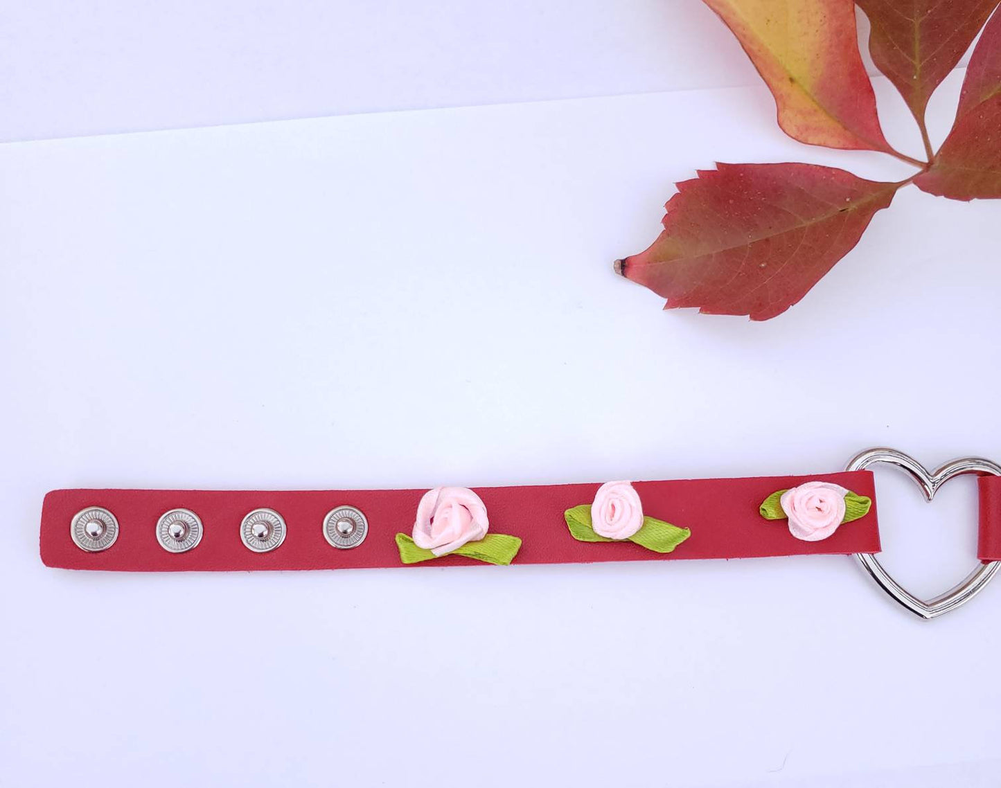 Red Heart and Roses Choker, Adjustable Faux Leather Heart Collar | Vixen's Hidden Desires