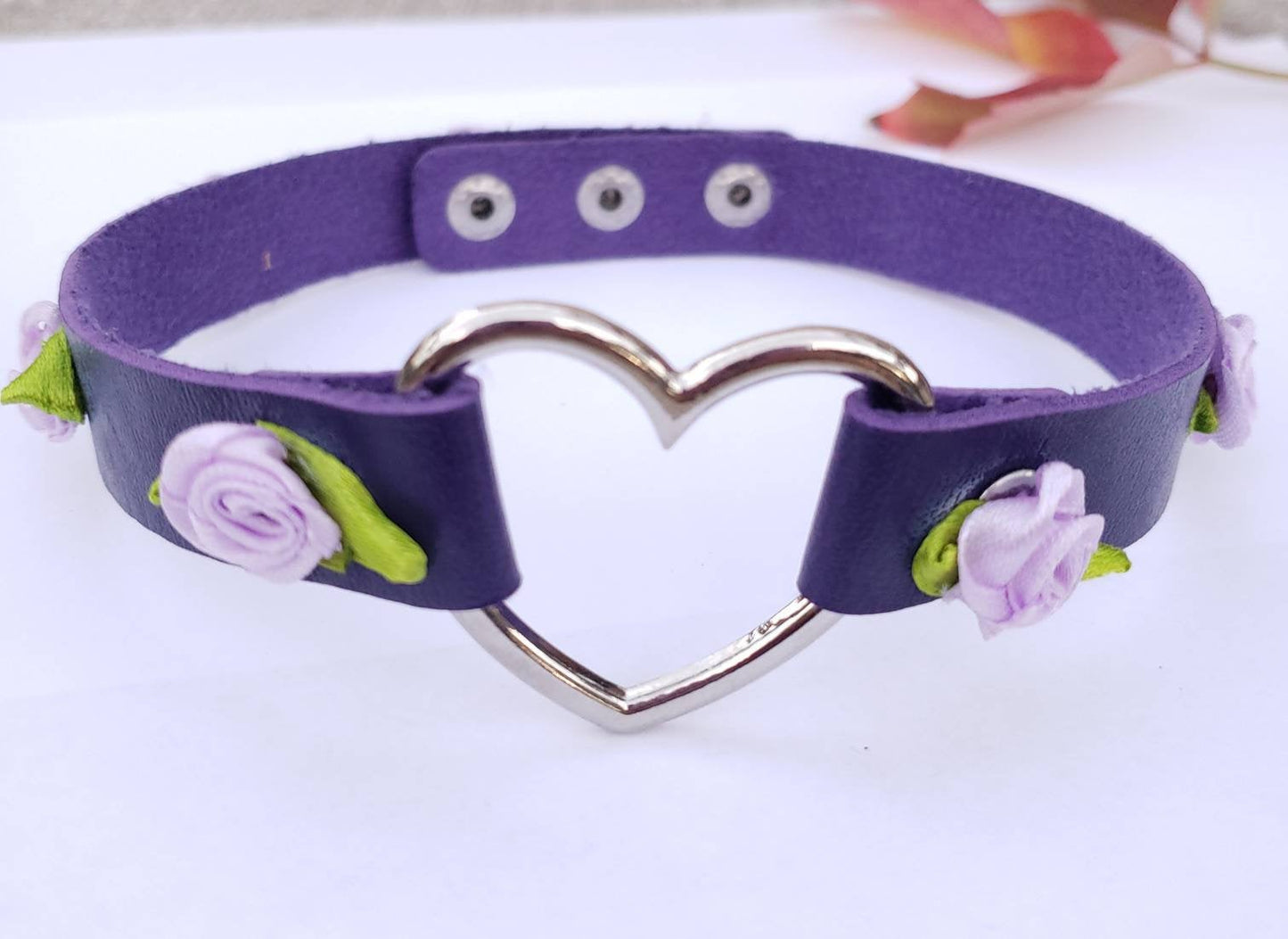 Purple Heart and Roses Choker, Adjustable Leather Heart Collar | Vixen's Hidden Desires