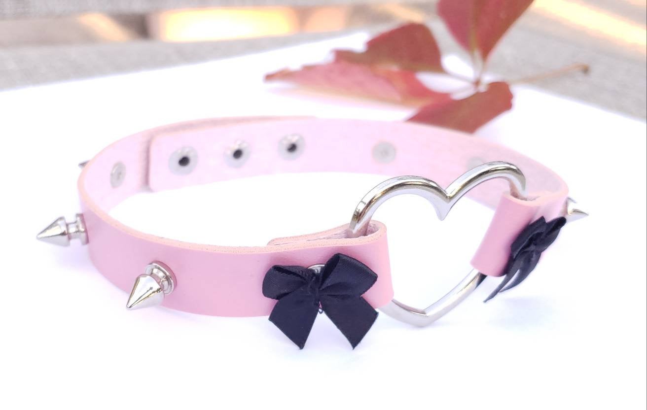 Pink Punk Heart Choker, Spiked Leather Heart Collar | Vixen's Hidden Desires