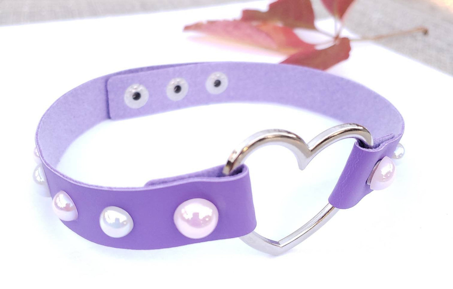 Purple Pet Play Heart and Pearls Choker, Adjustable Luxury Leather Heart Collar | Vixen's Hidden Desires