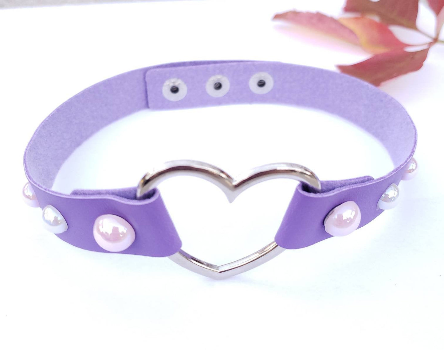 Purple Pet Play Heart and Pearls Choker, Adjustable Luxury Leather Heart Collar | Vixen's Hidden Desires