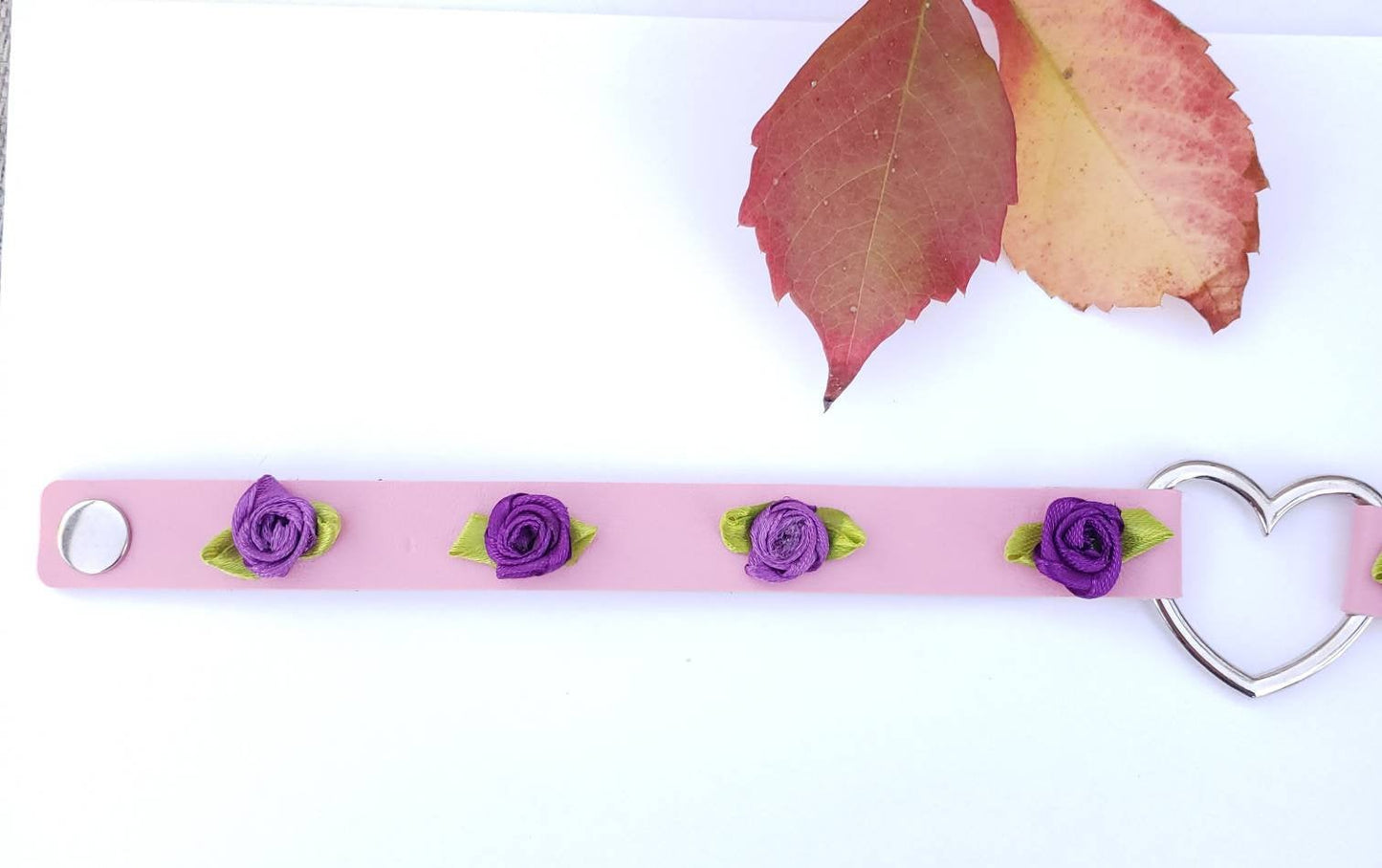 Pink Heart and Roses Choker, Adjustable Faux Leather Heart Collar | Vixen's Hidden Desires