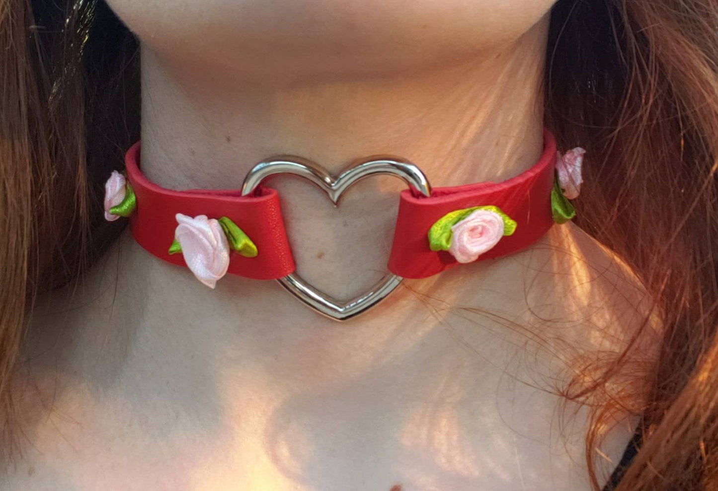 Red Heart and Roses Choker, Adjustable Faux Leather Heart Collar | Vixen's Hidden Desires