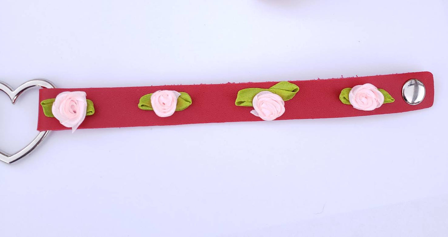 Red Heart and Roses Choker, Adjustable Faux Leather Heart Collar | Vixen's Hidden Desires