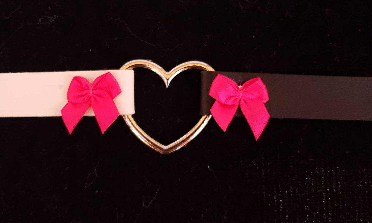 White and Black Heart Choker, Adjustable Faux Leather Heart Collar