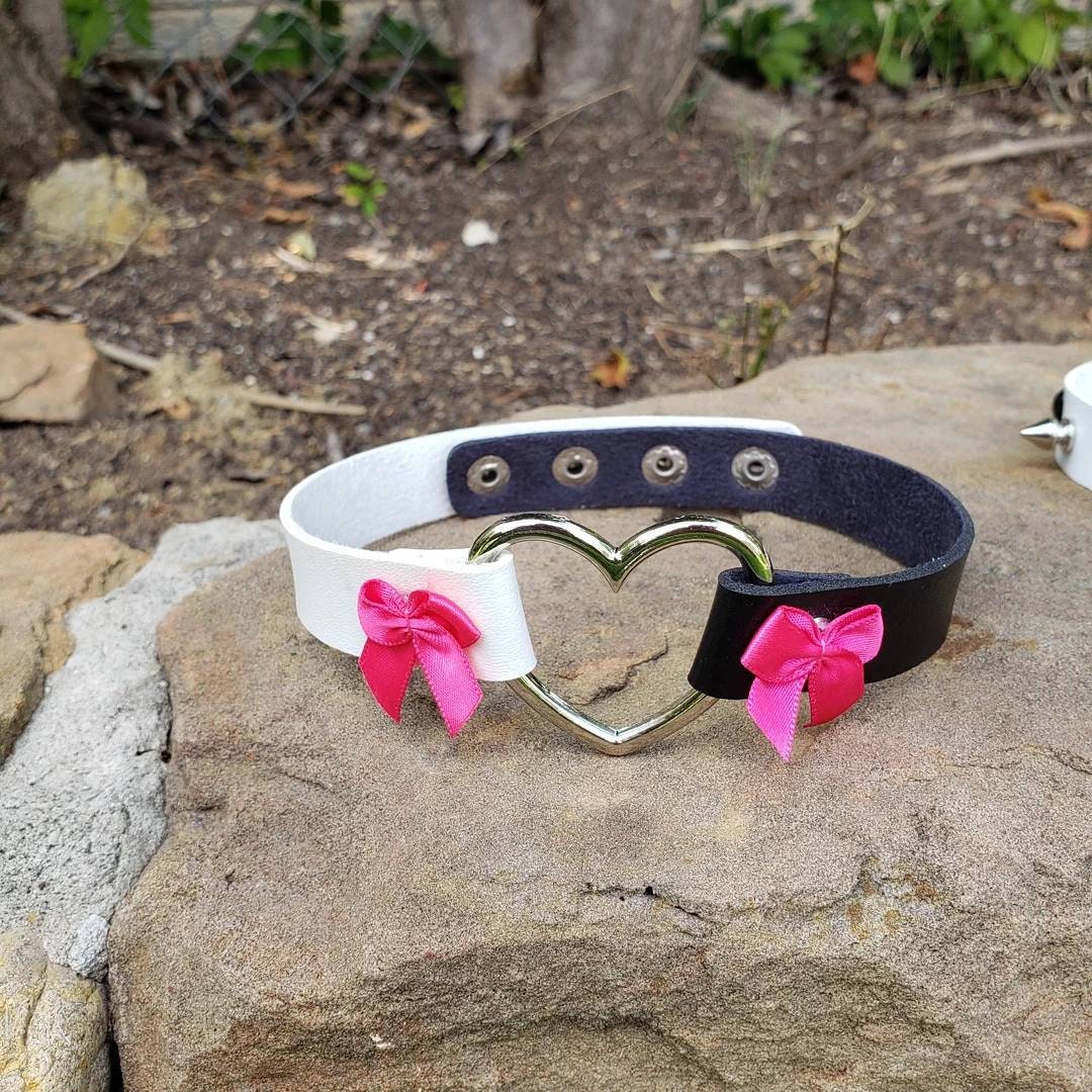 White and Black Heart Choker, Adjustable Faux Leather Heart Collar