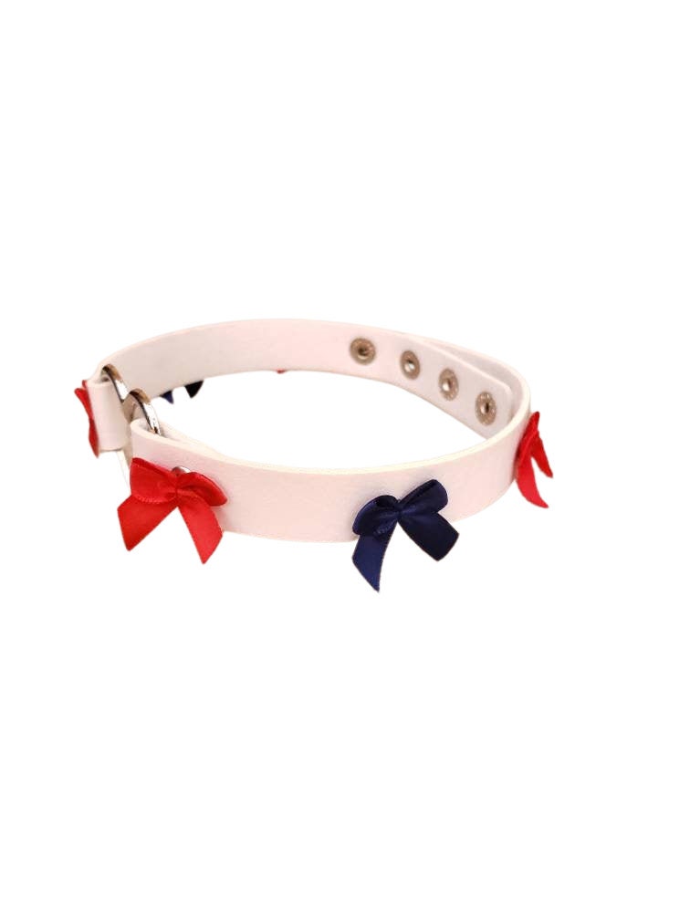 Red, White, and Blue Heart Choker with Bows, Adjustable Faux Leather Cat Collar