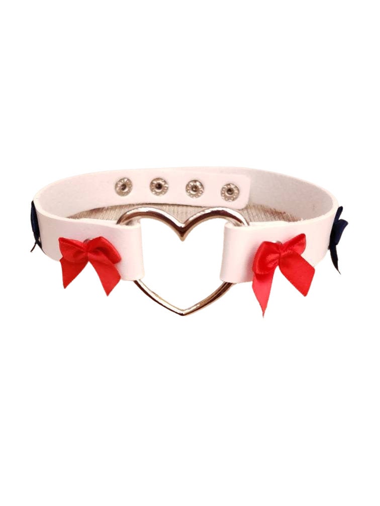 Red, White, and Blue Heart Choker with Bows, Adjustable Faux Leather Cat Collar