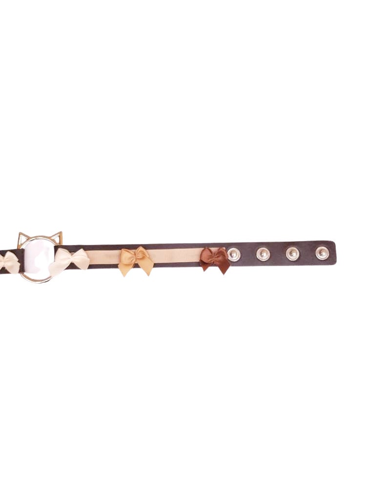 Brown Cat Choker with Bows, Adjustable Faux Leather Cat Collar | Vixen's Hidden Desires