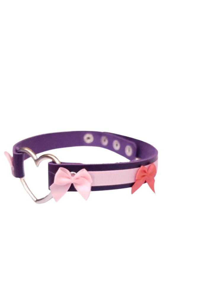 Purple Heart Choker with Bows, Adjustable Faux Leather Cat Collar | Vixen's Hidden Desires