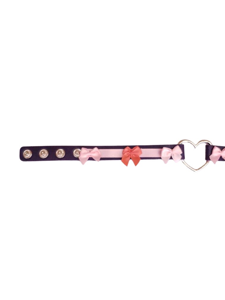 Purple Heart Choker with Bows, Adjustable Faux Leather Cat Collar | Vixen's Hidden Desires