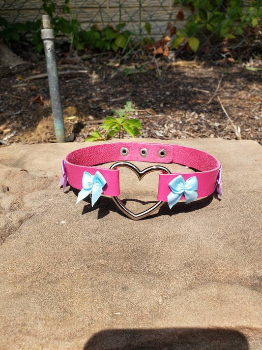 Pink Heart Choker with Bows, Adjustable Faux Leather Cat Collar | Vixen's Hidden Desires