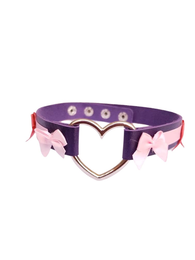 Purple Heart Choker with Bows, Adjustable Faux Leather Cat Collar | Vixen's Hidden Desires