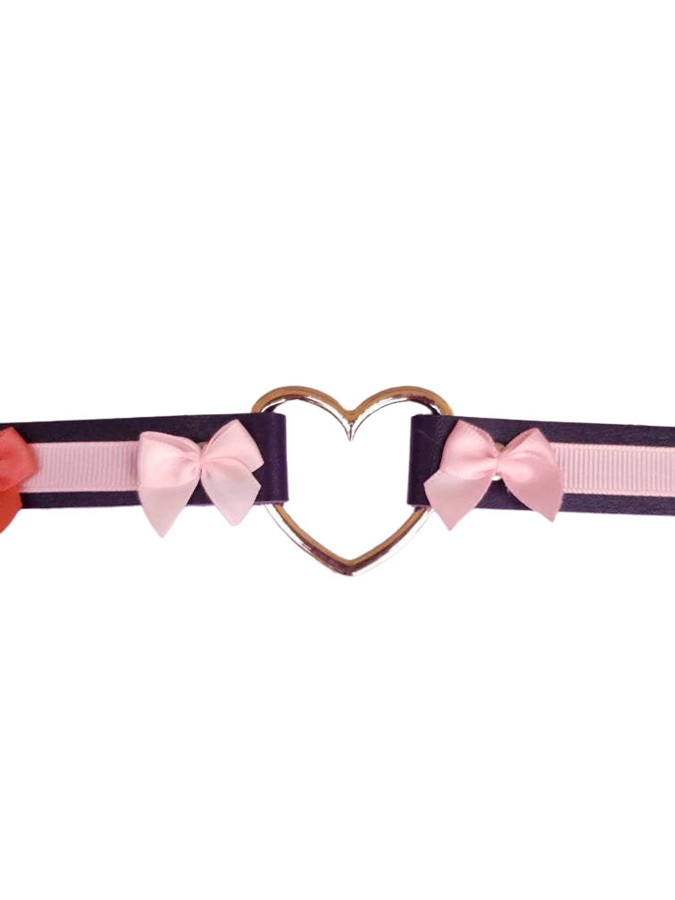 Purple Heart Choker with Bows, Adjustable Faux Leather Cat Collar | Vixen's Hidden Desires