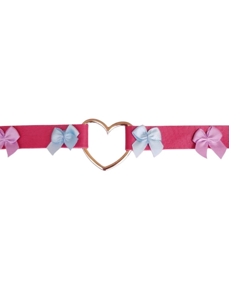 Pink Heart Choker with Bows, Adjustable Faux Leather Cat Collar | Vixen's Hidden Desires