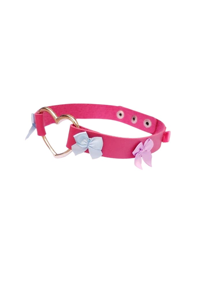 Pink Heart Choker with Bows, Adjustable Faux Leather Cat Collar | Vixen's Hidden Desires