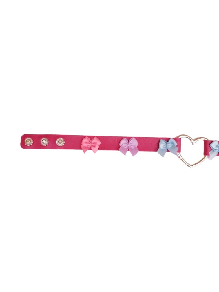 Pink Heart Choker with Bows, Adjustable Faux Leather Cat Collar | Vixen's Hidden Desires