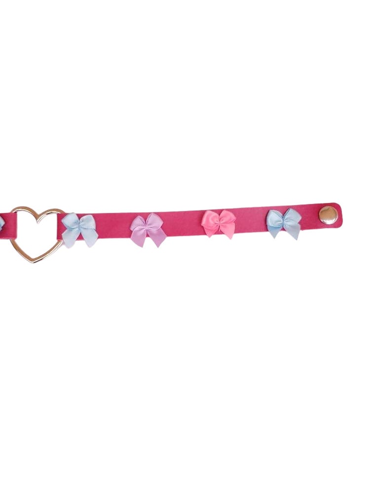 Pink Heart Choker with Bows, Adjustable Faux Leather Cat Collar | Vixen's Hidden Desires