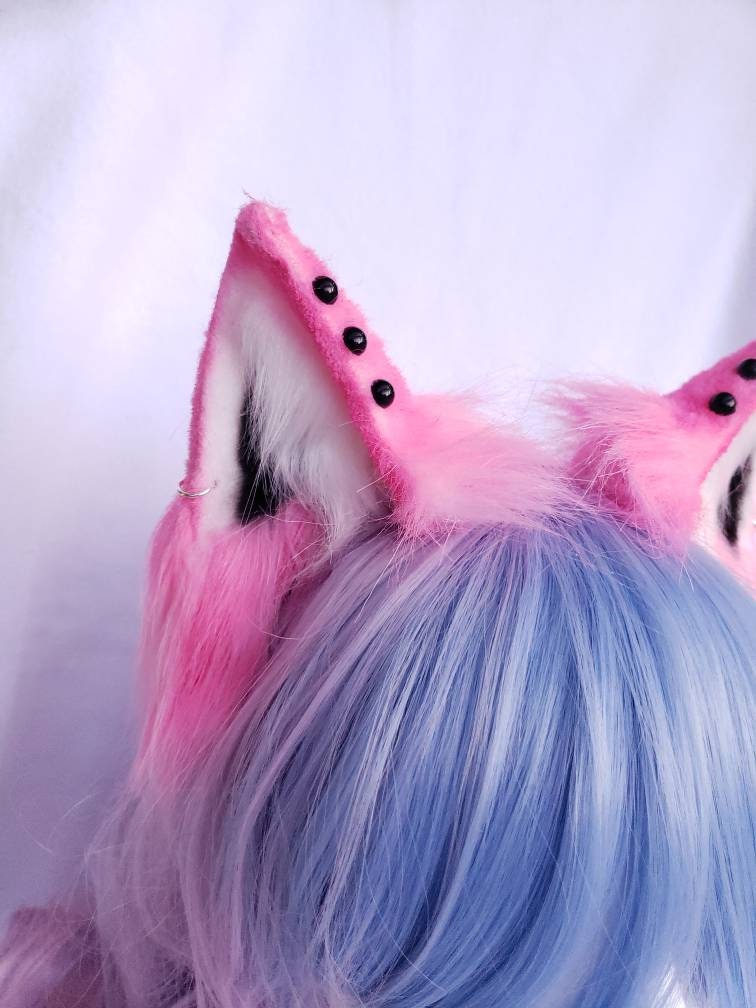 Pink Punk Animal Ears, Cosplay, Pet Play Bendable Ears, Faux Fur Animal Ears