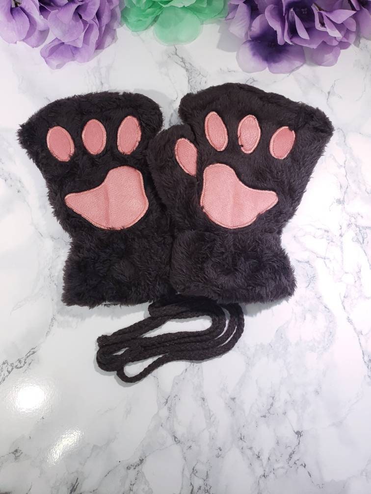 Dark Gray Pet Play Fingerless Gloves, Animal Paws, Cosplay Paws