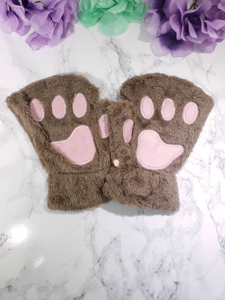 Light Brown Pet Play Fingerless Gloves, Animal Paws, Cosplay Paws