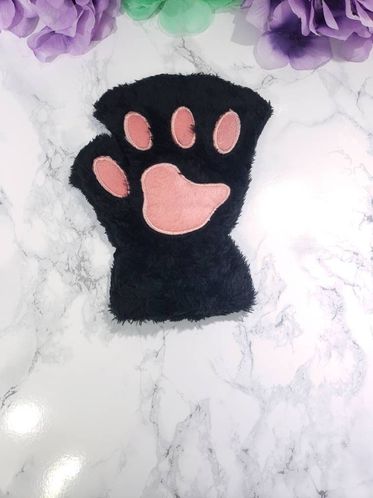 Black Pet Play Fingerless Gloves, Animal Paws, Cosplay Paws