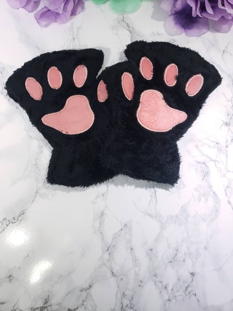 Black Pet Play Fingerless Gloves, Animal Paws, Cosplay Paws