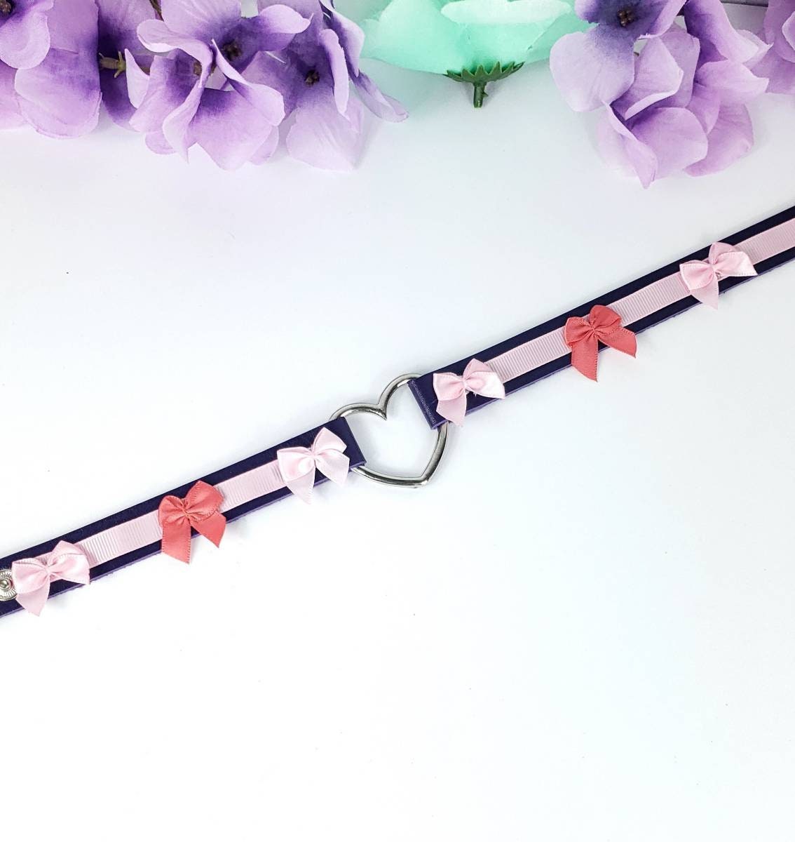 Purple Heart Choker with Bows, Adjustable Faux Leather Cat Collar