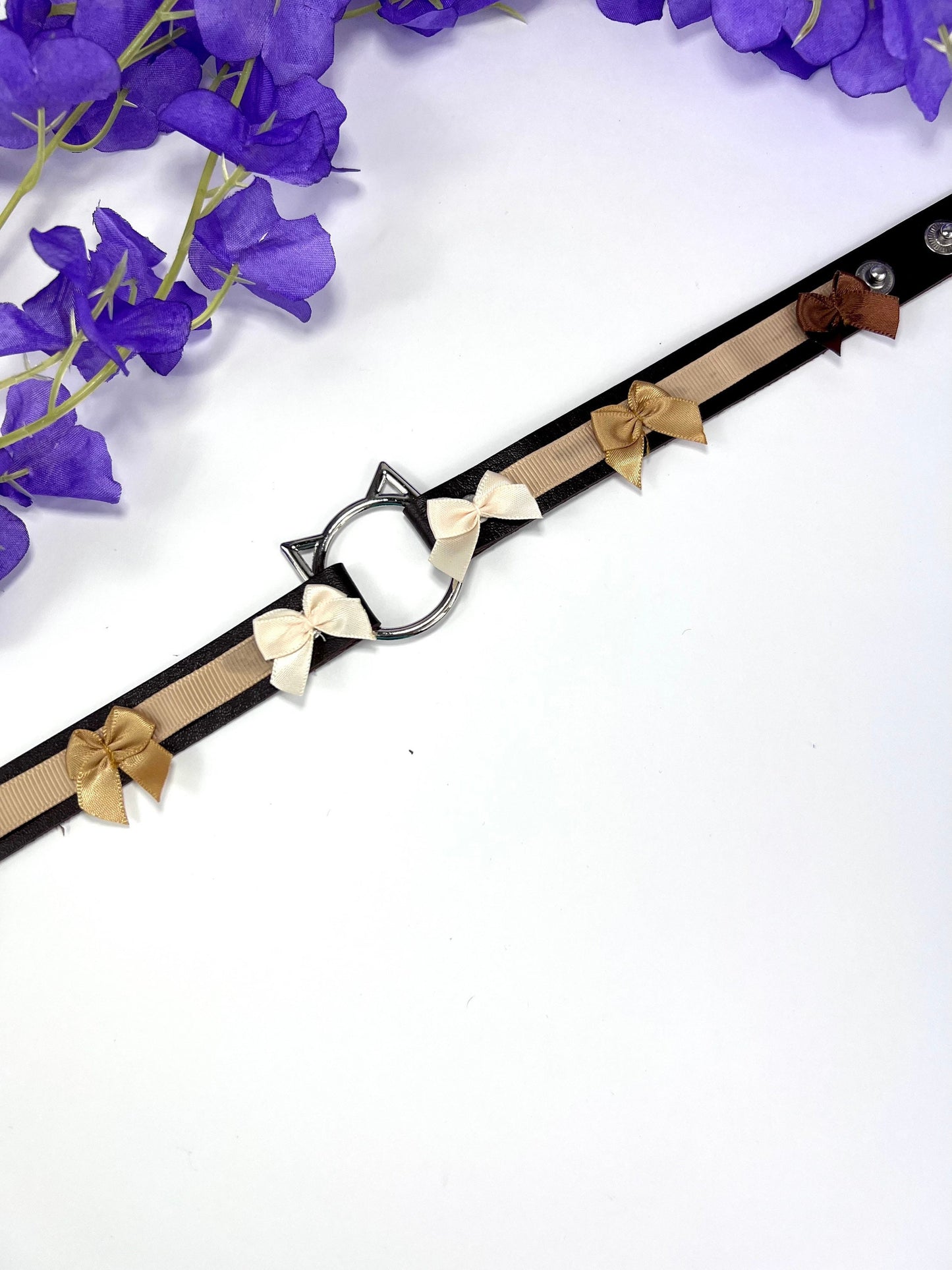 Brown Cat Choker with Bows, Adjustable Faux Leather Cat Collar