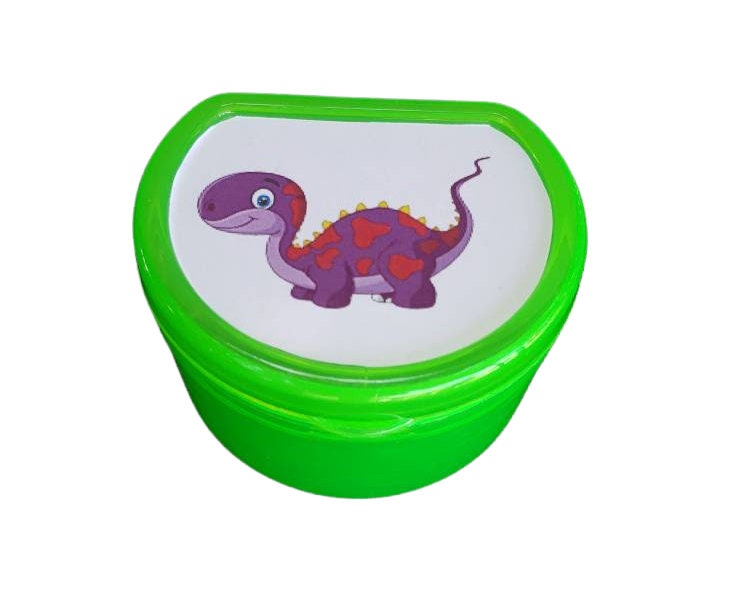 Green adult pacifier case with a cute cartoon dinosaur that is purple with red spots.