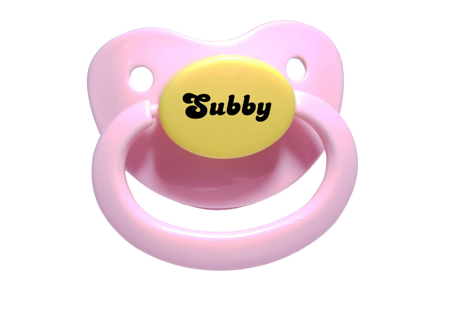 pastel adult pacifier with text "subby" on the center