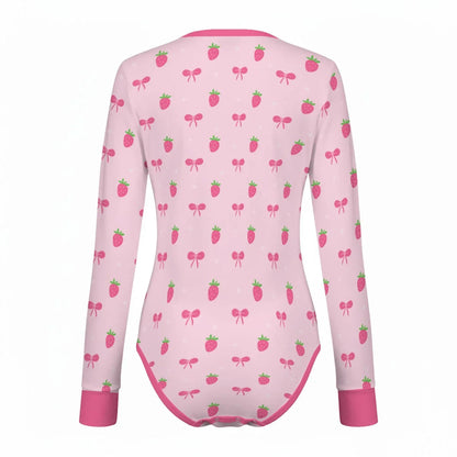 Strawberry Bow Long Sleeve CuddleSuit