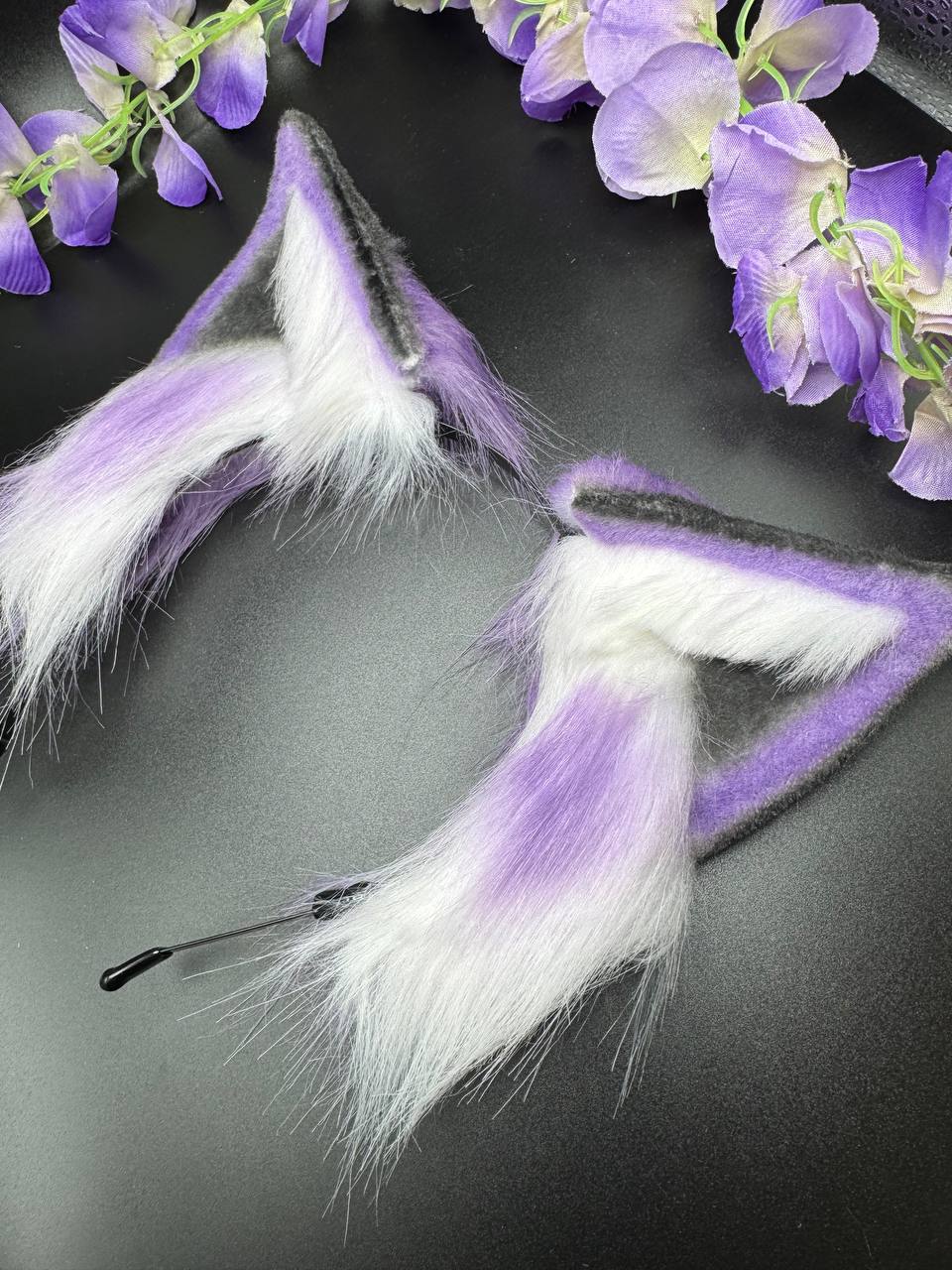 Pet Play Animal Ears, Purple and Black Cosplay, Pet Play Bendable Ears, Faux Fur Animal Ears