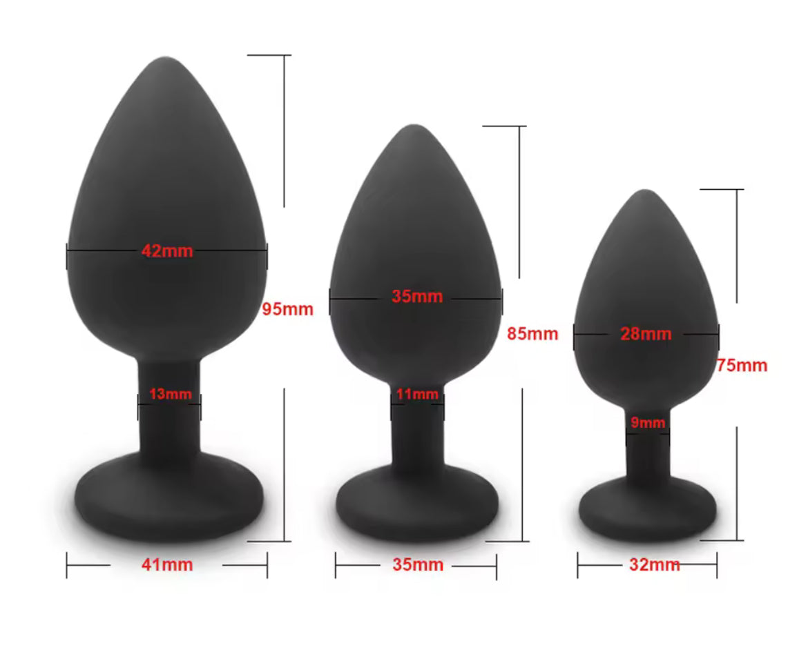 Three black silicone butt plugs with measurements on a white background