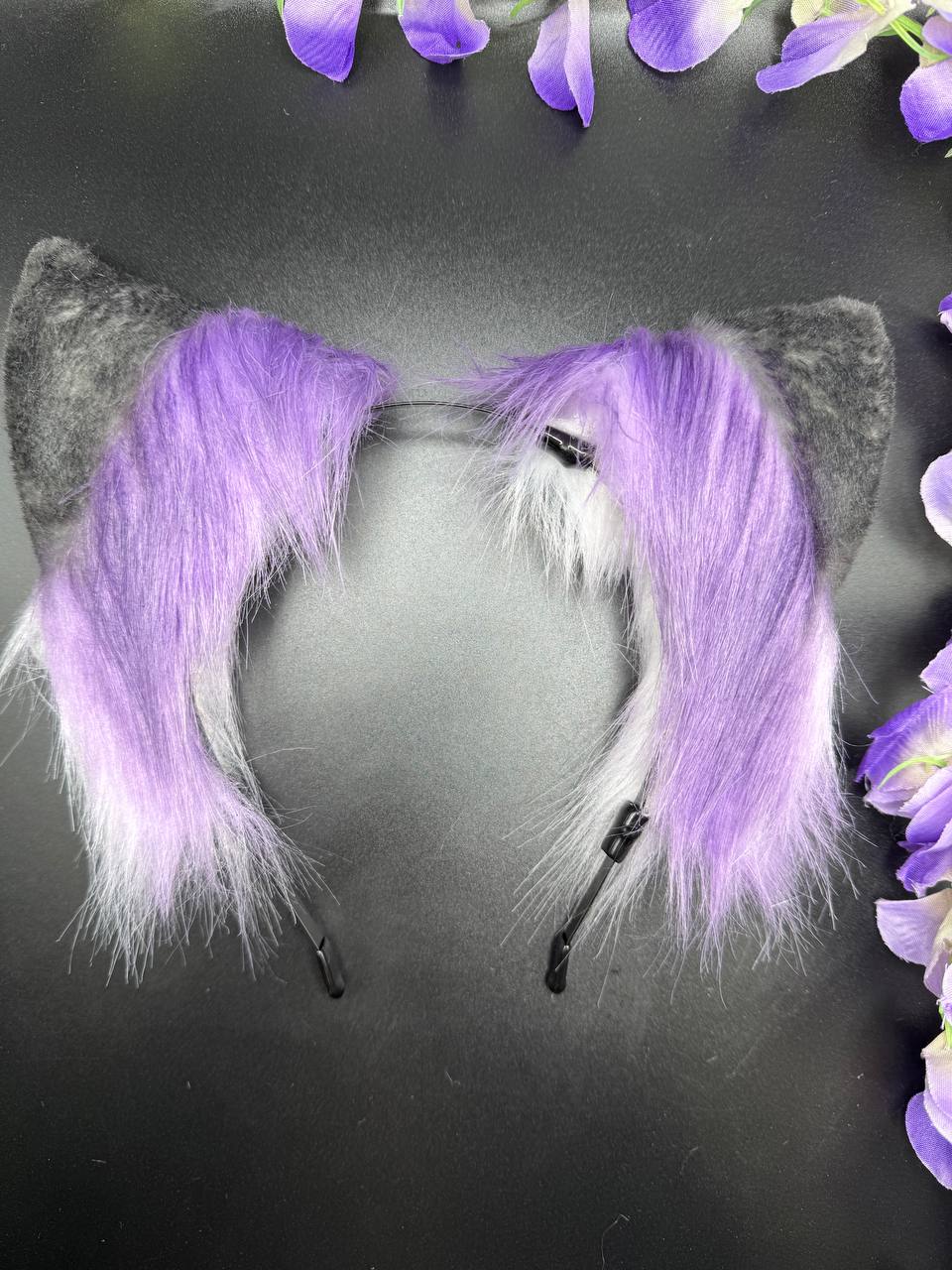Pet Play Animal Ears, Purple and Black Cosplay, Pet Play Bendable Ears, Faux Fur Animal Ears