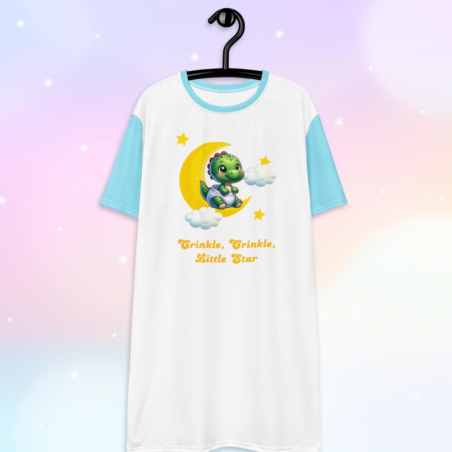 A playful ABDL nightgown featuring a cute dinosaur theme, designed with vibrant baby dinosaur sitting on the moon with the text "Crinkle, Crinkle, Little Star" for a fun play on a well known nursery rhyme and cozy bedtime look.