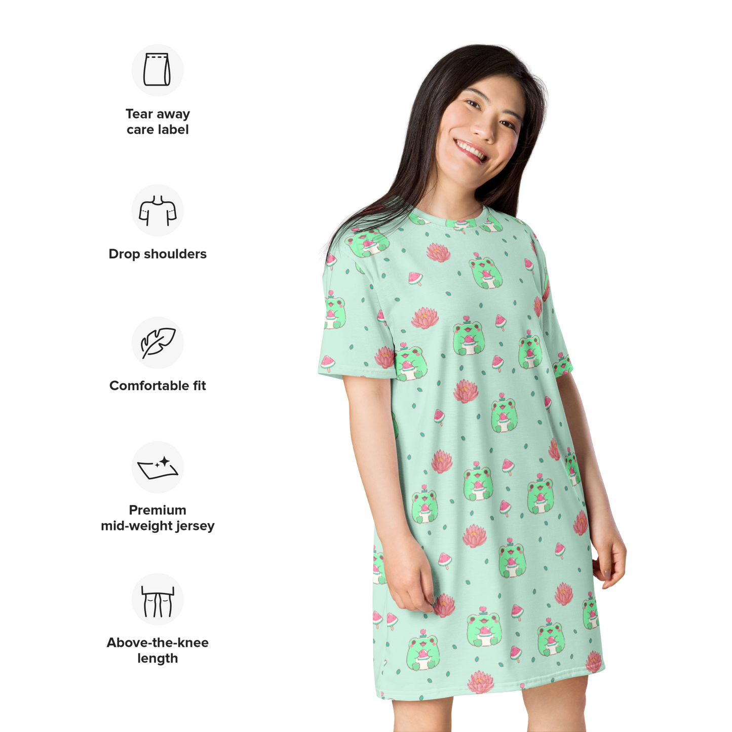 Nightgown T-shirt dress featuring kawaii frogs with watermelons, lotus flowers, and leaves, creating a cute and whimsical design perfect for cozy nights.