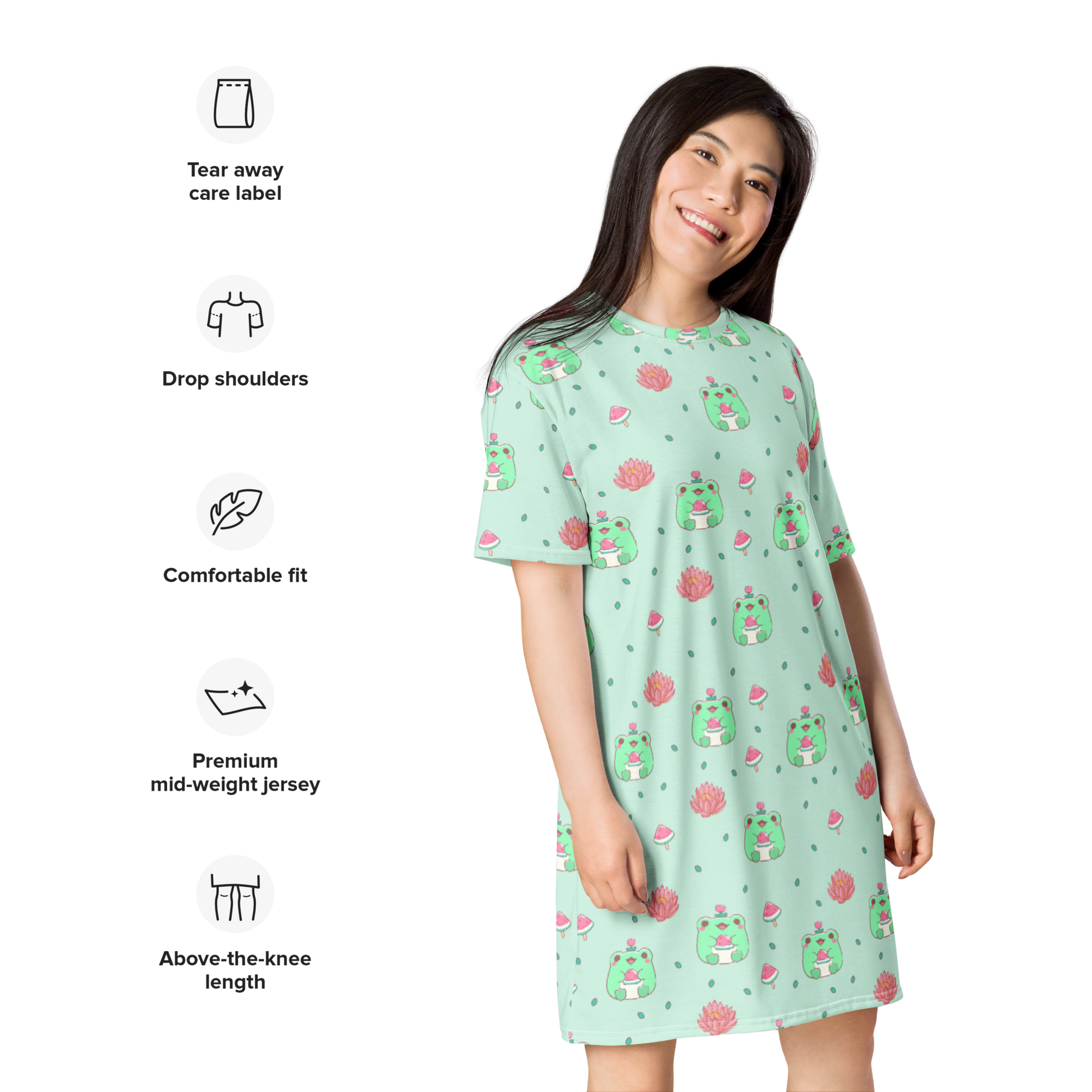 Nightgown T-shirt dress featuring kawaii frogs with watermelons, lotus flowers, and leaves, creating a cute and whimsical design perfect for cozy nights.