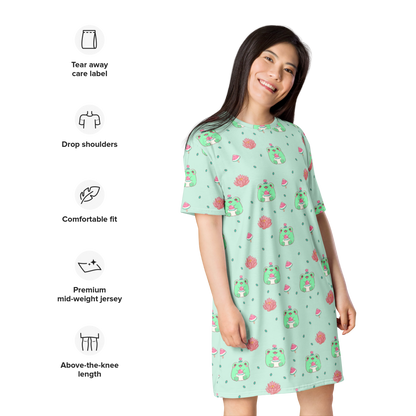 Nightgown T-shirt dress featuring kawaii frogs with watermelons, lotus flowers, and leaves, creating a cute and whimsical design perfect for cozy nights.