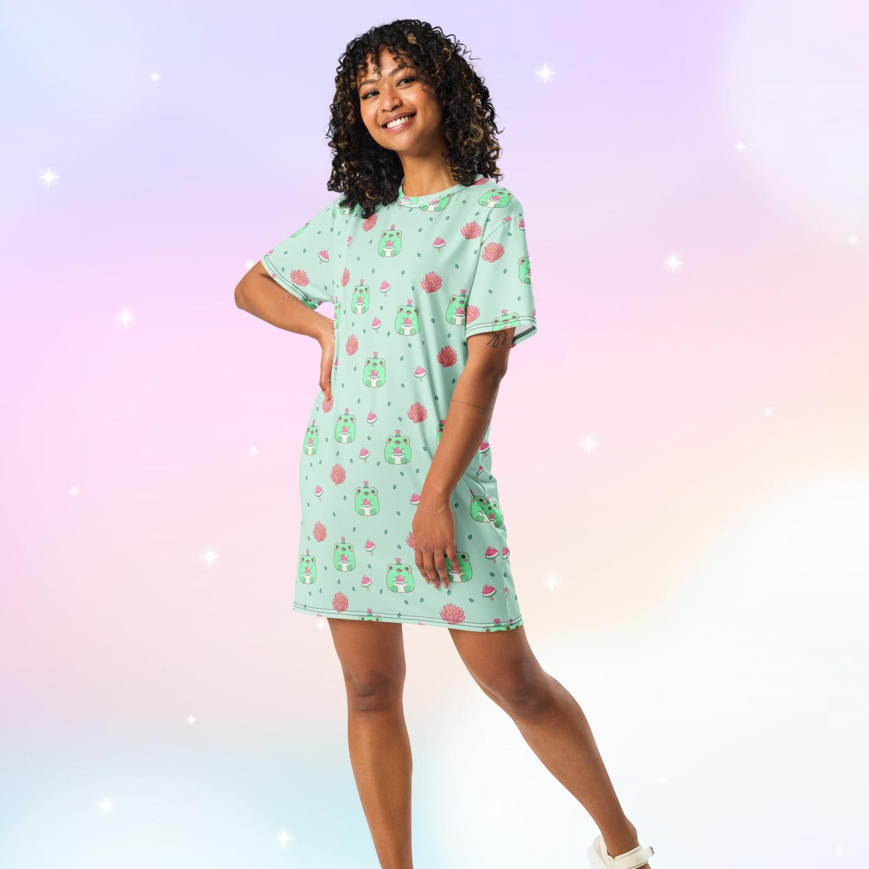 Nightgown T-shirt dress featuring kawaii frogs with watermelons, lotus flowers, and leaves, creating a cute and whimsical design perfect for cozy nights.