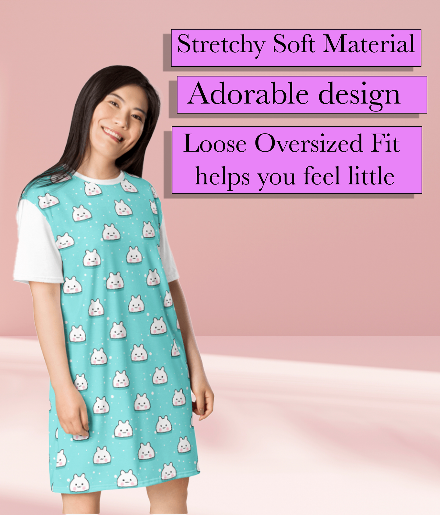 A teal adult nightgown featuring a cute design with white Kawaii bunny faces, creating a playful and cozy bedtime look.