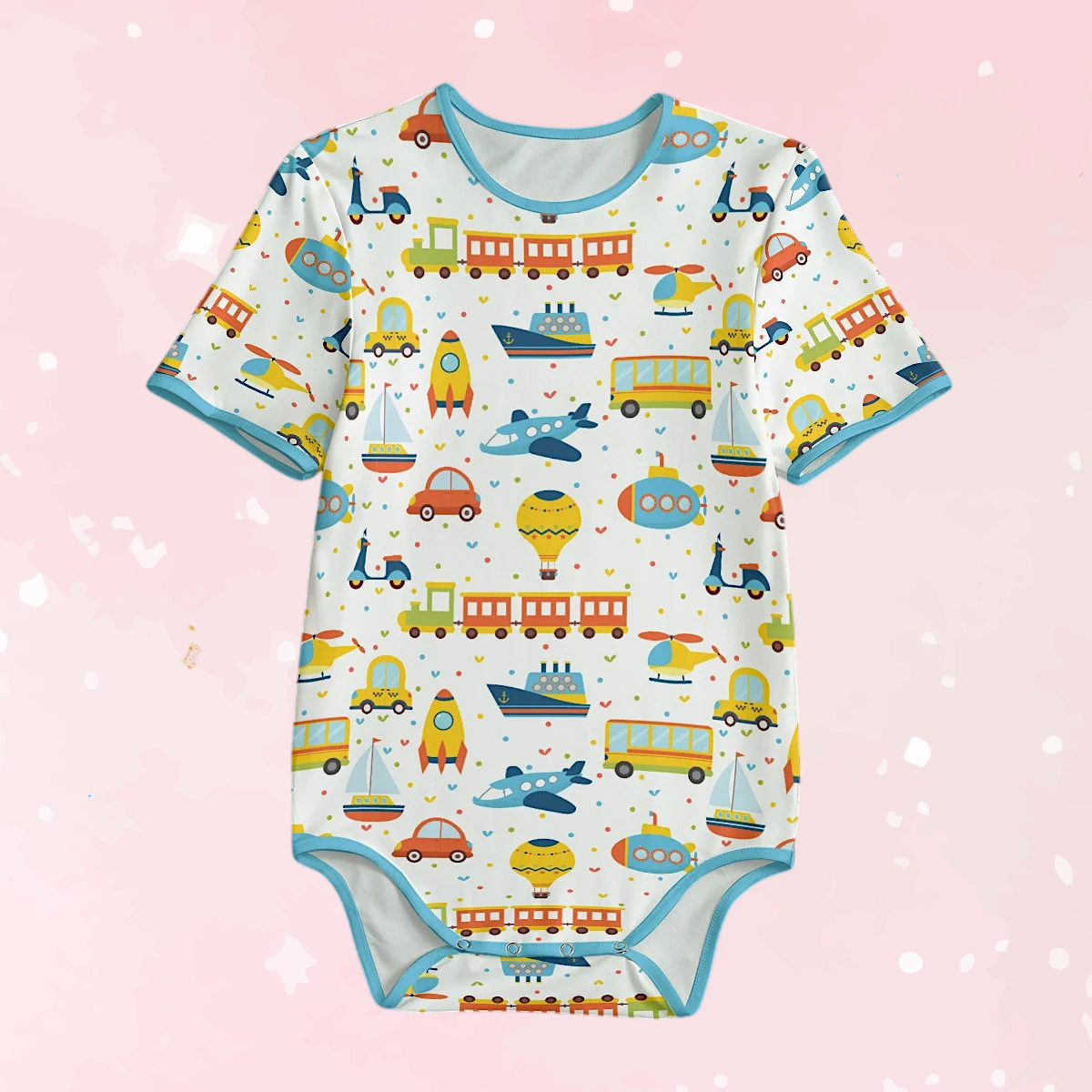 Age regression onesie with transportation pattern with blue trim