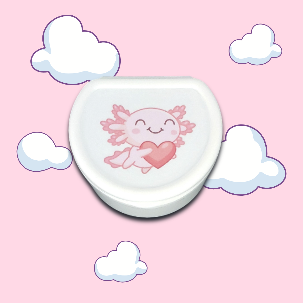 white adult pacifier case with kawaii pink axolotl holding a heart